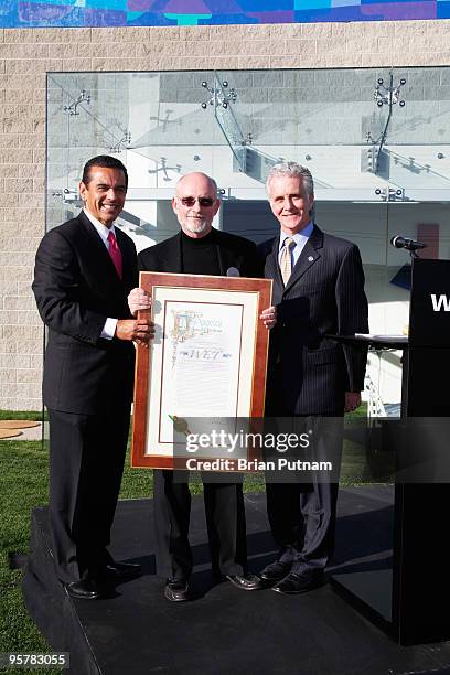 Mayor Antonio Villaraigosa, WET CEO Mark Fuller and Councilman Paul Krekorian attend the unveiling of WET's new facility at Idea Playground on...