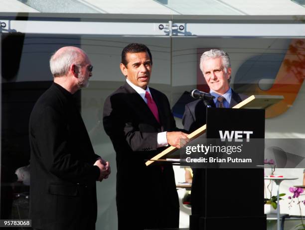 Mayor Antonio Villaraigosa, WET CEO Mark Fuller and Councilman Paul Krekorian attend the unveiling of WET's new facility at Idea Playground on...