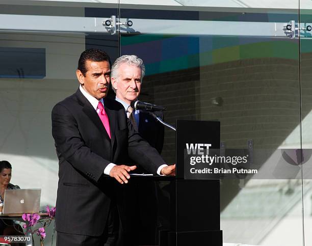 Mayor Antonio Villaraigosa and Councilman Paul Krekorian attend the unveiling of WET's new facility at Idea Playground on January 14, 2010 in Sun...