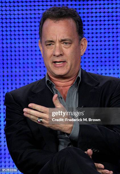 Executive producer Tom Hanks of "The Pacific" speaks during the HBO portion of the 2010 Television Critics Association Press Tour at the Langham...