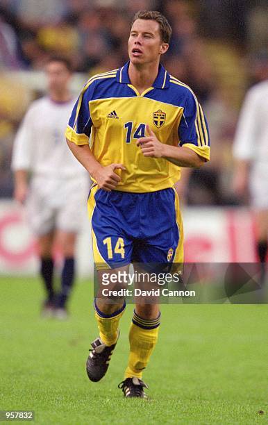 Daniel Andersson of Sweden in action during the FIFA 2002 World Cup Qualifier against Slovakia played at the Rasunda Stadion in Stockholm, Sweden. \...