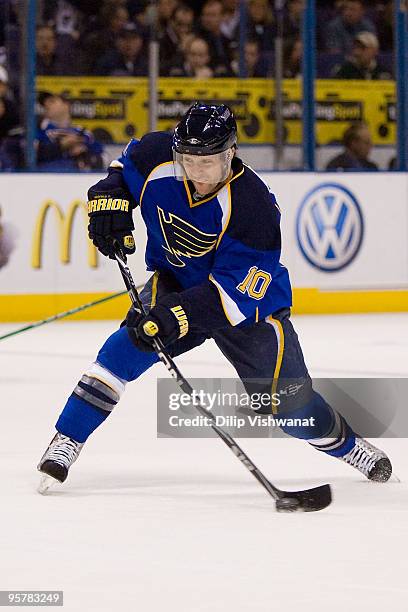 Andy McDonald of the St. Louis Blues shots the puck against the Minnesota Wild at the Scottrade Center on January 14, 2010 in St. Louis, Missouri.