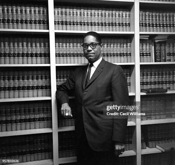 Portrait of American attorney Matthew J Perry as he poses in the South Carolina State College law school, Moss Hall, Orangeburg, South Carolina,...