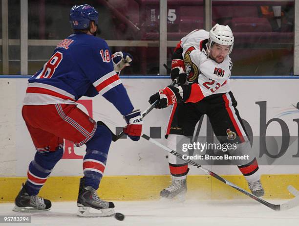 Kaspars Daugavins of the Ottawa Senators skates in his first NHL game against the New York Rangers at Madison Square Garden on January 14, 2010 in...