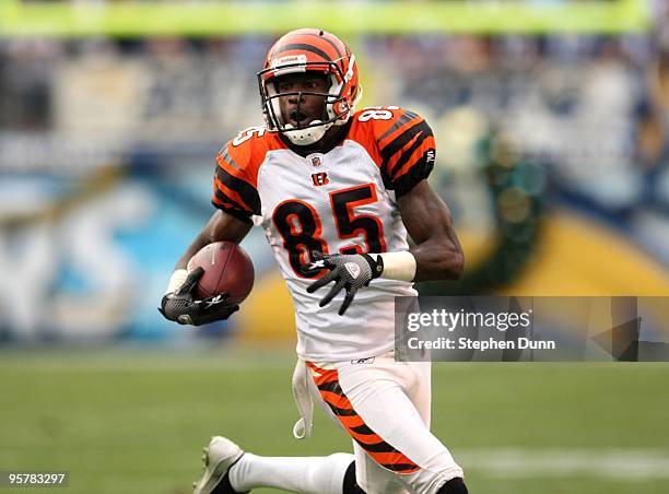 Wide receiver Chad Ochocinco of the Cincinnati Bengals carries the ball against the San Diego Chargers on December 20, 2009 at Qualcomm Stadium in...