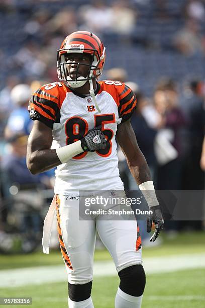 Wide receiver Chad Ochocinco of the Cincinnati Bengals on the field in warmups against the San Diego Chargers on December 20, 2009 at Qualcomm...