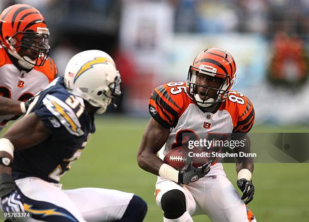 Wide receiver Chad Ochocinco of the Cincinnati Bengals carries the ball against the San Diego Chargers on December 20, 2009 at Qualcomm Stadium in...