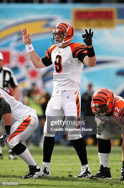 Quarterback Carson Palmer of the Cincinnati Bengals calls signals against the San Diego Chargers on December 20, 2009 at Qualcomm Stadium in San...