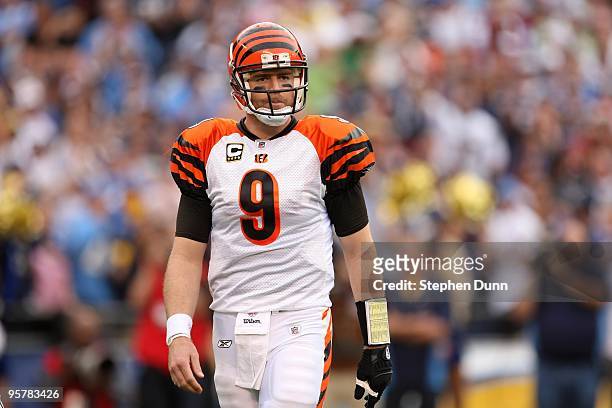 Quarterback Carson Palmer of the Cincinnati Bengals on the field against the San Diego Chargers on December 20, 2009 at Qualcomm Stadium in San...
