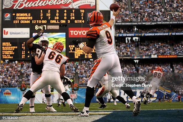 Quarterback Carson Palmer of the Cincinnati Bengals throws from the end zone against the San Diego Chargers on December 20, 2009 at Qualcomm Stadium...