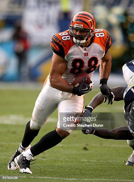 Tight end J.P. Foschi of the Cincinnati Bengals carries the ball against the San Diego Chargers on December 20, 2009 at Qualcomm Stadium in San...