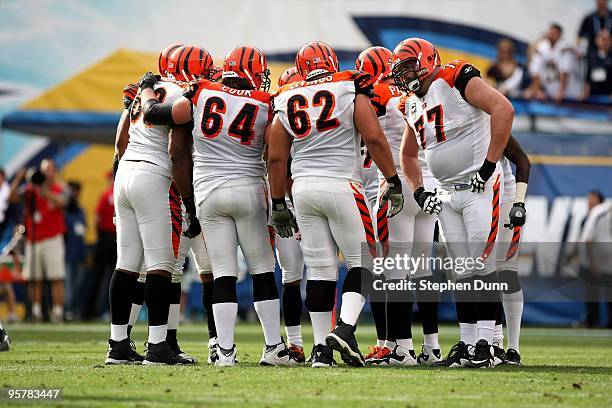 The Cincinnati Bengals offensive huddles in the game with the San Diego Chargers on December 20, 2009 at Qualcomm Stadium in San Diego, California....