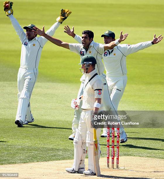 Umar Gul of Pakistan appeals for the wicket of Michael Clarke of Australia during day two of the Third Test match between Australia and Pakistan at...