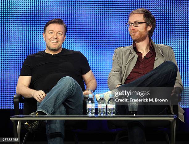 Executive producers Ricky Gervais and Stephen Merchant of "The Ricky Gervais Show" speak during the HBO portion of the 2010 Television Critics...