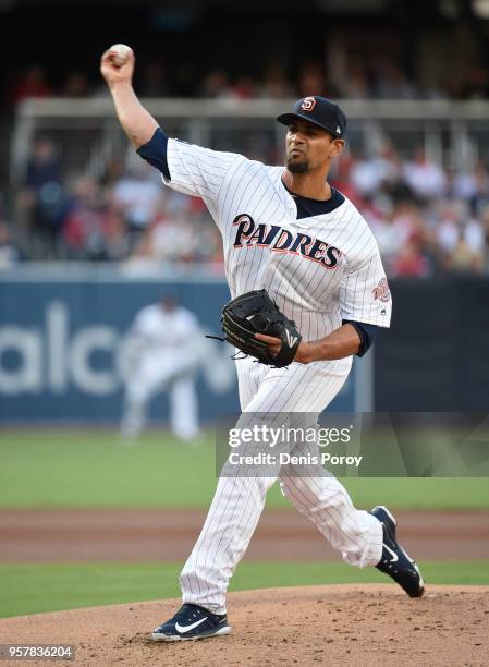Tyson Ross of the San Diego Padres pitches during the first inning of a baseball game against the St. Louis Cardinals at PETCO Park on May 12, 2018...