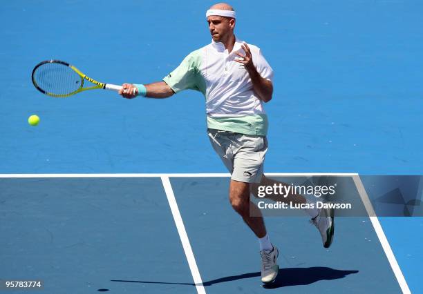 Ivan Ljubicic of Croatia plays a forehand in his third round match against Fernando Gonzalez of Chile during day three of the 2010 Kooyong Classic at...