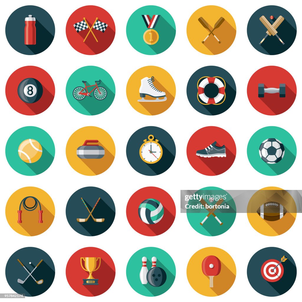 Sports Flat Design Icon Set with Side Shadow