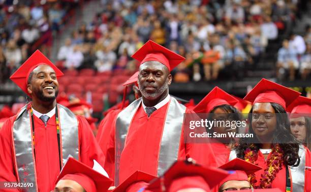 Head coach Anthony Lynn of the Los Angeles Chargers looks on during the 2018 spring commencement ceremony at UNLV at the Thomas & Mack Center on May...
