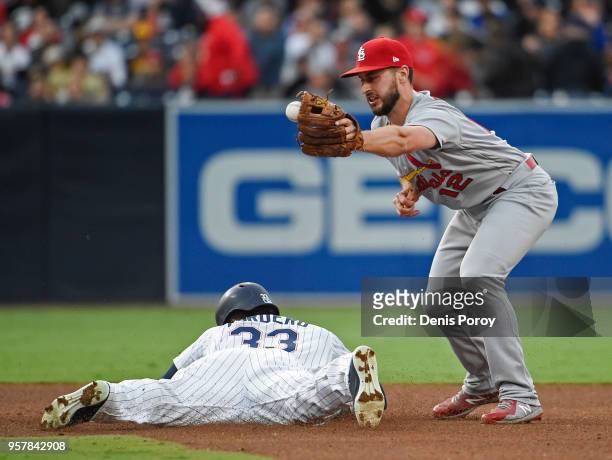 Franchy Cordero of the San Diego Padres steals second base as Paul DeJong of the St. Louis Cardinals loses the ball during the fourth inning of a...