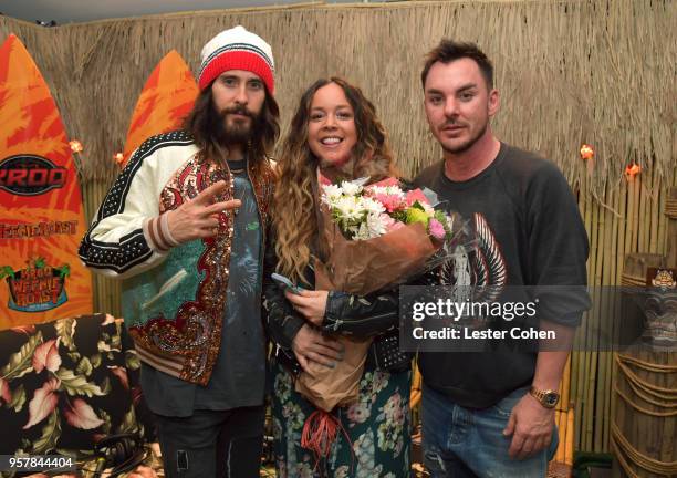 Nicole Alvarez and Jared Leto and Shannon Leto of Thirty Seconds to Mars attend KROQ Weenie Roast 2018 at StubHub Center on May 12, 2018 in Carson,...