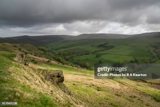 valley below kinder scout, hayfield, derbyshire, england - peak district national park spring stock pictures, royalty-free photos & images
