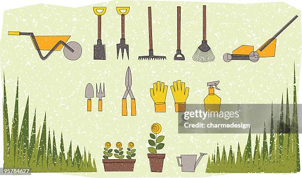 gartengeräte-abbildung - jäten stock-grafiken, -clipart, -cartoons und -symbole