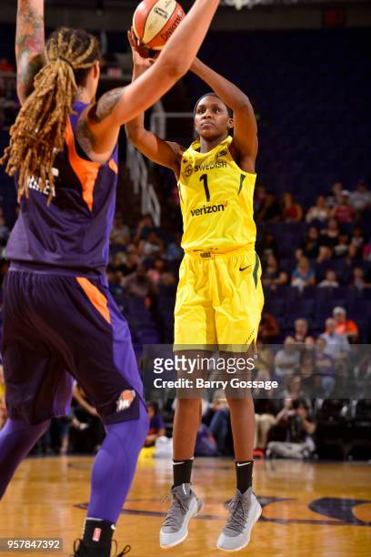 Crystal Langhorne of the Seattle Storm shoots the ball against the Phoenix Mercury during a pre-season game on May 12, 2018 at Talking Stick Resort...