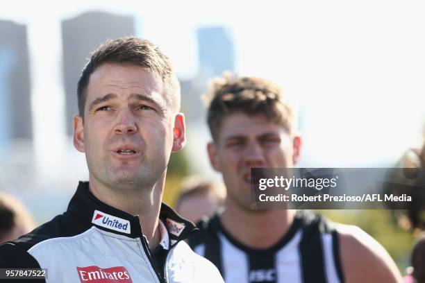 Jared Rivers coach of Collingwood Magpies speaks during the round six VFL match between the Collingwood Magpies and the Geelong Cats at Olympic Park...