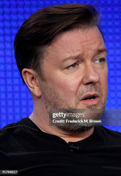 Executive producer Ricky Gervais speaks during the HBO portion of the 2010 Television Critics Association Press Tour at the Langham Hotel on January...