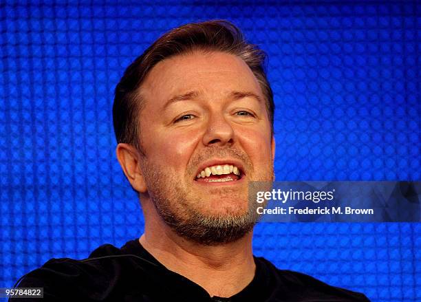 Executive producer Ricky Gervais speaks during the HBO portion of the 2010 Television Critics Association Press Tour at the Langham Hotel on January...