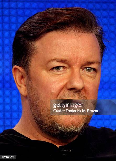 Executive producer Ricky Gervais speaks during the HBO portion of the 2010 Television Critics Association Press Tour at the Langham Hotel on January...