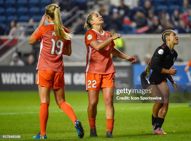 Houston Dash defender Amber Brooks reacts after missing the shot on goal against the Chicago Red Stars on May 12, 2018 at Toyota Park in Bridgeview,...