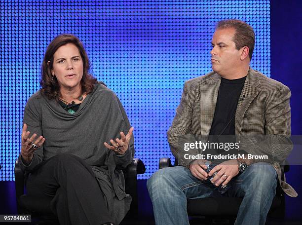 Executive producer Lydia Pilcher and writer Adam Mazer of "You Don't Know Jack" speak during the HBO portion of the 2010 Television Critics...