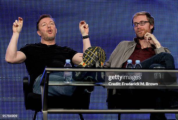 Executive producers Ricky Gervais and Stephen Merchant of "The Ricky Gervais Show" speak during the HBO portion of the 2010 Television Critics...