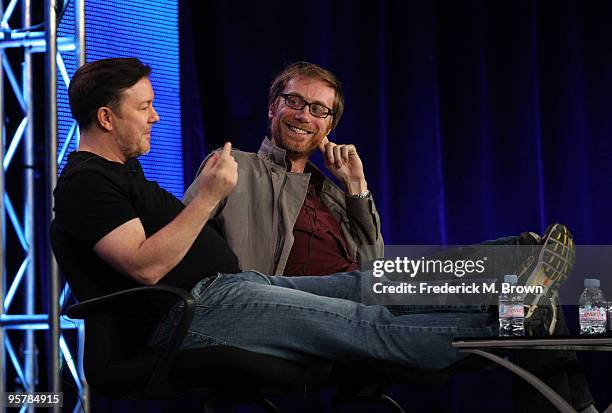 Executive producers Ricky Gervais and Stephen Merchant of "The Ricky Gervais Show" speak during the HBO portion of the 2010 Television Critics...