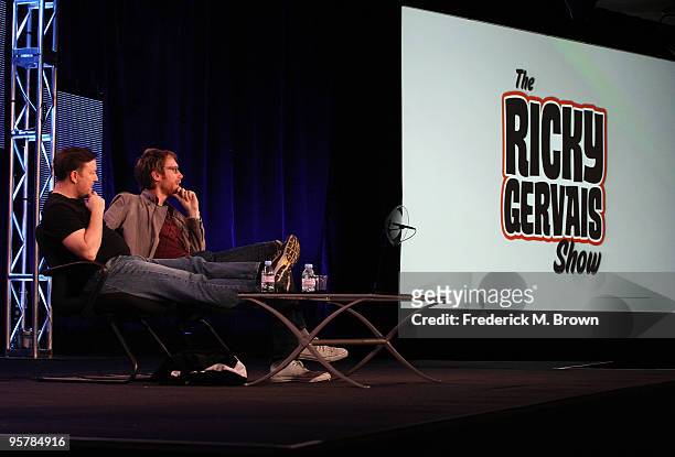 Executive producers Ricky Gervais and Stephen Merchant of "The Ricky Gervais Show" speak during the HBO portion of the 2010 Television Critics...