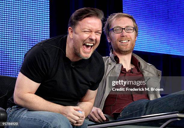 Executive producers Ricky Gervais and Stephen Merchant of "The Ricky Gervais Show" speak during the HBO portion of the 2010 Television Critics...