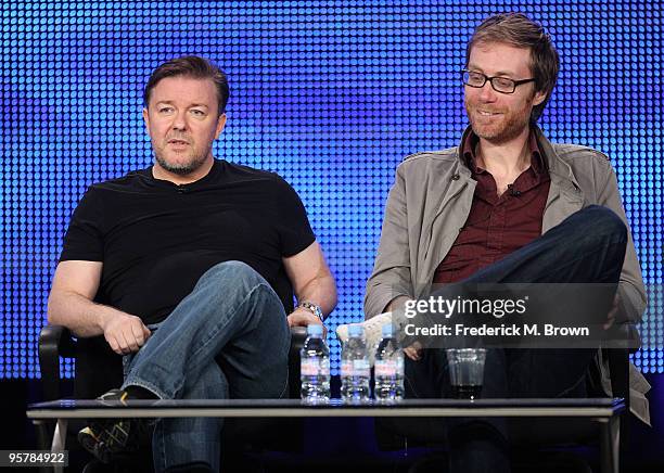 Executive producers Ricky Gervais and Stephen Merchant of "The Ricky Gervais Show" speak during the HBO portion of the 2010 Television Critics...