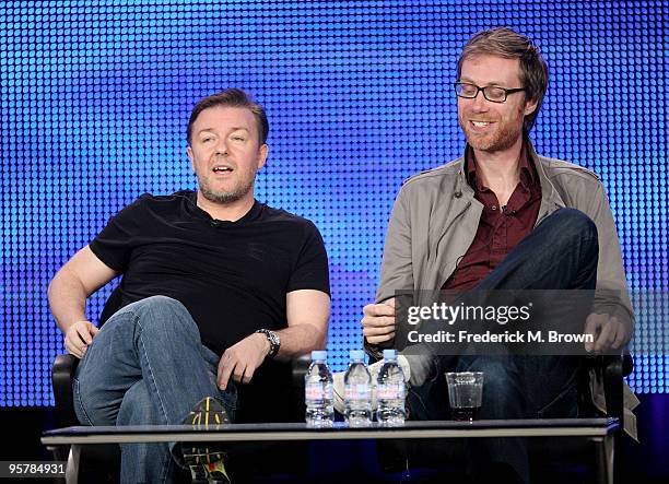 Executive producers Ricky Gervais and Stephen Merchant of "The Ricky Gervais Show" speak during the HBO portion of the 2010 Television Critics...