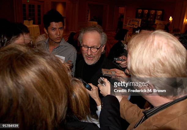 Executive producer Steven Spielberg speaks during the HBO portion of the 2010 Television Critics Association Press Tour at the Langham Hotel on...