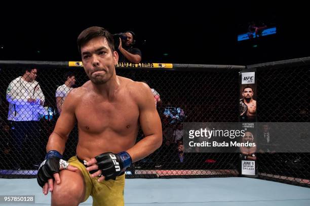 Lyoto Machida of Brazil submit Vitor Belfort of Brazil in their middleweight bout during the UFC 224 event at Jeunesse Arena on May 12, 2018 in Rio...