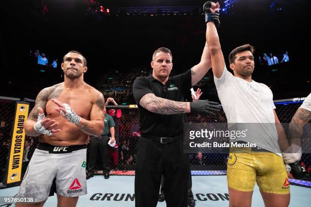 Lyoto Machida of Brazil celebrates victory over Vitor Belfort of Brazil in their middleweight bout during the UFC 224 event at Jeunesse Arena on May...