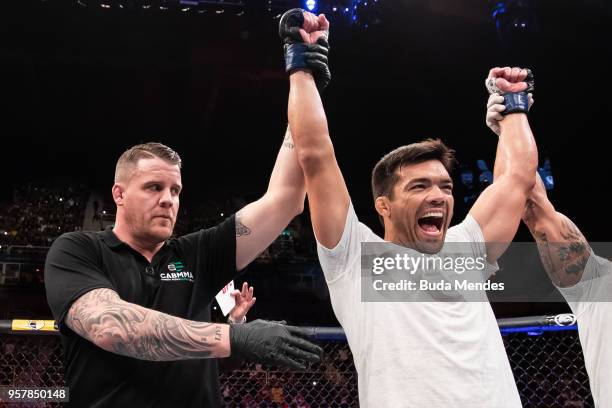 Lyoto Machida of Brazil celebrates victory over Vitor Belfort of Brazil in their middleweight bout during the UFC 224 event at Jeunesse Arena on May...