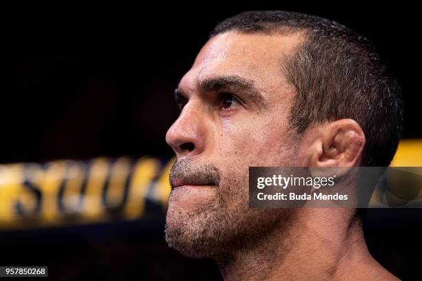 Lyoto Machida of Brazil submit Vitor Belfort of Brazil in their middleweight bout during the UFC 224 event at Jeunesse Arena on May 12, 2018 in Rio...