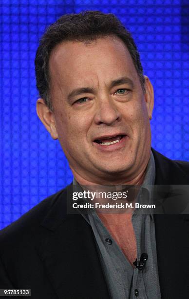 Executive producer Tom Hanks of "The Pacific" speaks during the HBO portion of the 2010 Television Critics Association Press Tour at the Langham...