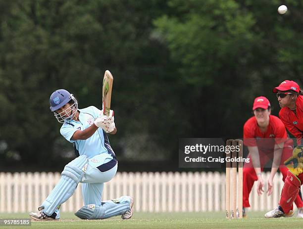 Lisa Sthalekar of the Breakers hits a four to win the WNCL match between the New South Wales Breakers and the South Australian Scorpions at Bankstown...