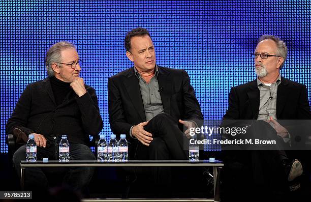 Executive producers Steven Spielberg, Tom Hanks, and Gary Goetzman of "The Pacific" speak during the HBO portion of the 2010 Television Critics...
