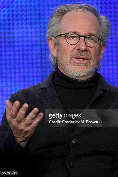 Executive producer Steven Spielberg of "The Pacific" speaks during the HBO portion of the 2010 Television Critics Association Press Tour at the...