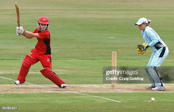 Angela Moritz of the Scorpions bats during the WNCL match between the New South Wales Breakers and the South Australian Scorpions at Bankstown Oval...