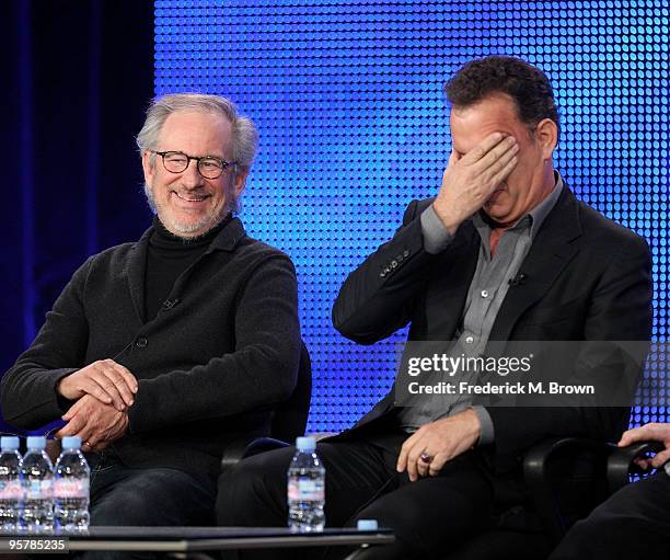 Executive producers Steven Spielberg and Tom Hanks speak during the HBO portion of the 2010 Television Critics Association Press Tour at the Langham...